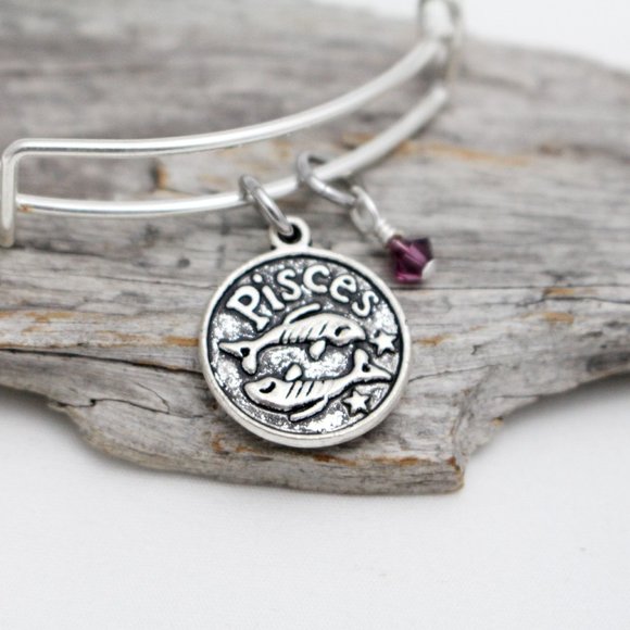 February Pisces Adjustable Charm Bangle - Handmade Zodiac Bracelet - Picture 1 of 11